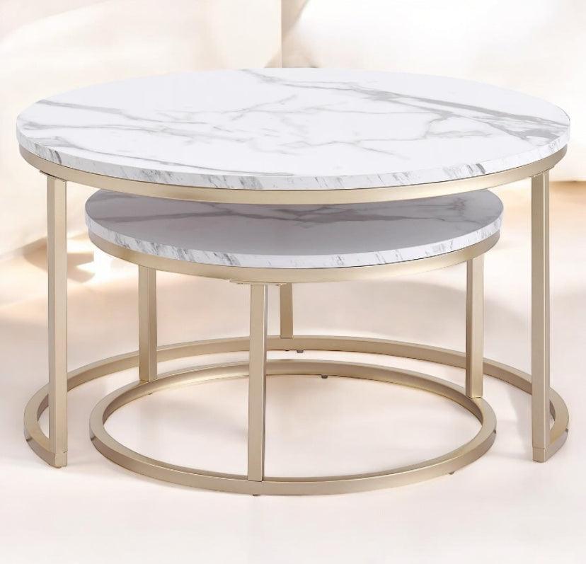 Set of 2 Marble Texture Round Coffee Tables – Modern Nesting Accent Tables - Flameira