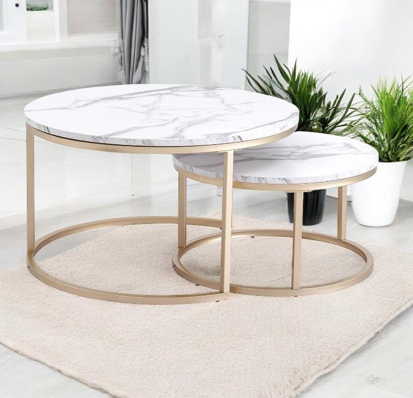 Set of 2 Marble Texture Round Coffee Tables – Modern Nesting Accent Tables - Flameira