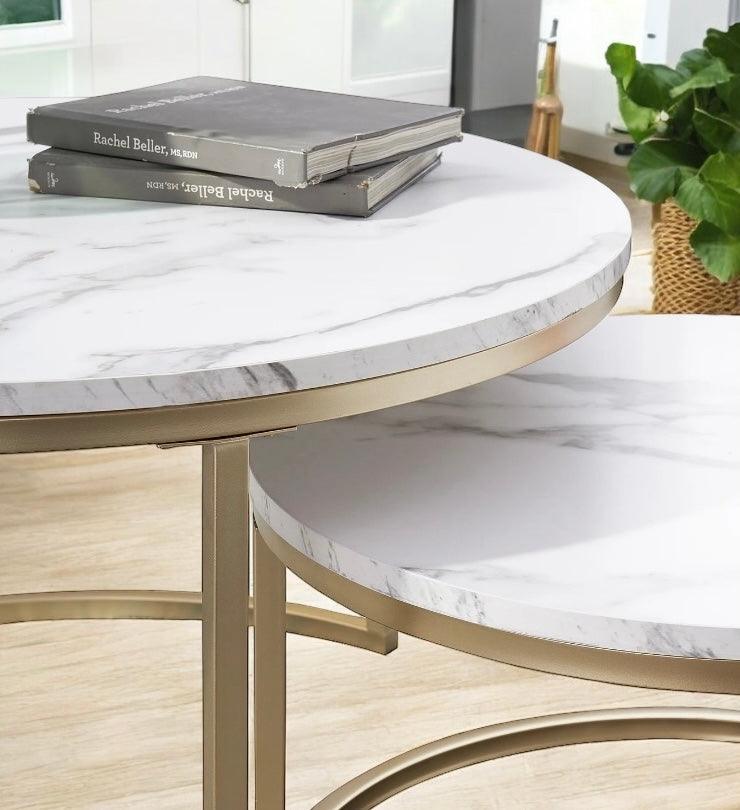 Set of 2 Marble Texture Round Coffee Tables – Modern Nesting Accent Tables - Flameira