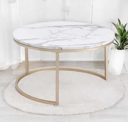 Set of 2 Marble Texture Round Coffee Tables – Modern Nesting Accent Tables - Flameira