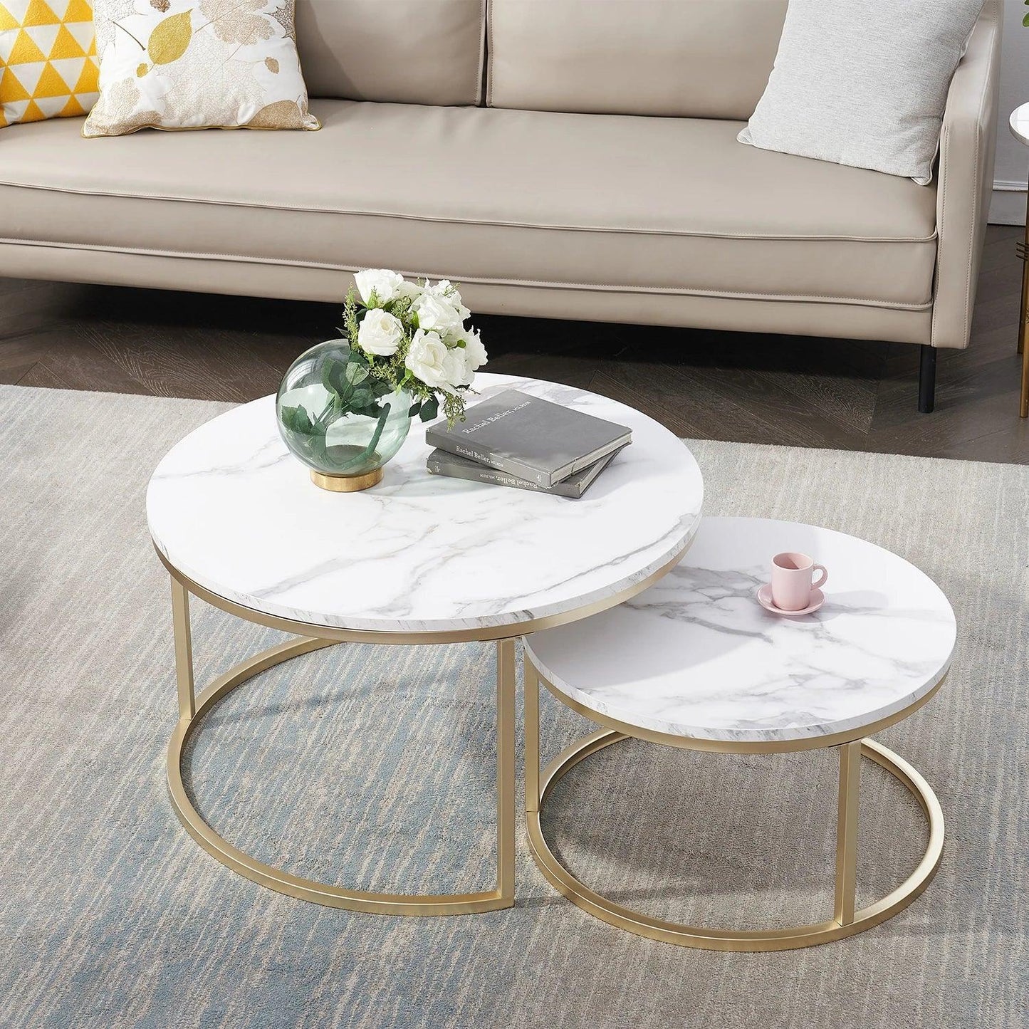 Set of 2 Marble Texture Round Coffee Tables – Modern Nesting Accent Tables - Flameira