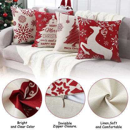 Holiday Throw Pillow Covers - Set of 4 Christmas Sofa Decorations