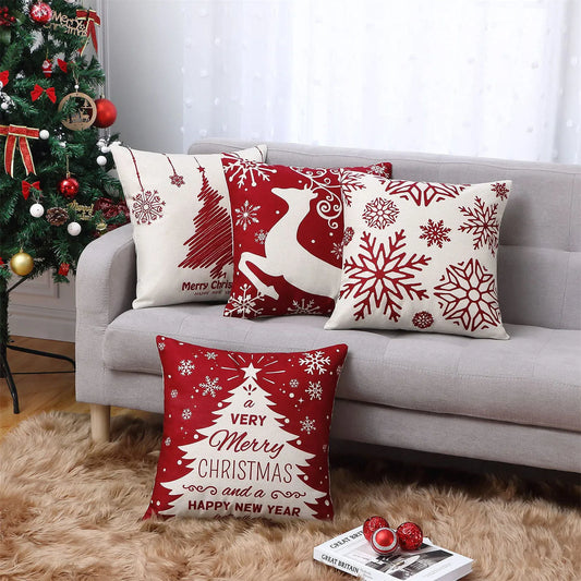 Holiday Throw Pillow Covers - Set of 4 Christmas Sofa Decorations