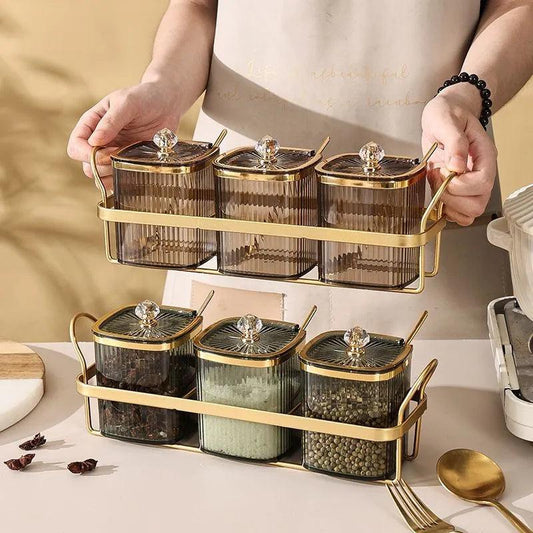 Creative Transparent Stripe Spice Jar Set – Gold-Plated Kitchen Storage Containers - Flameira