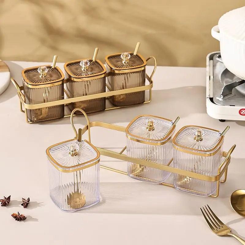 Creative Transparent Stripe Spice Jar Set – Gold-Plated Kitchen Storage Containers - Flameira