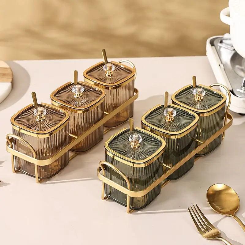 Creative Transparent Stripe Spice Jar Set – Gold-Plated Kitchen Storage Containers - Flameira