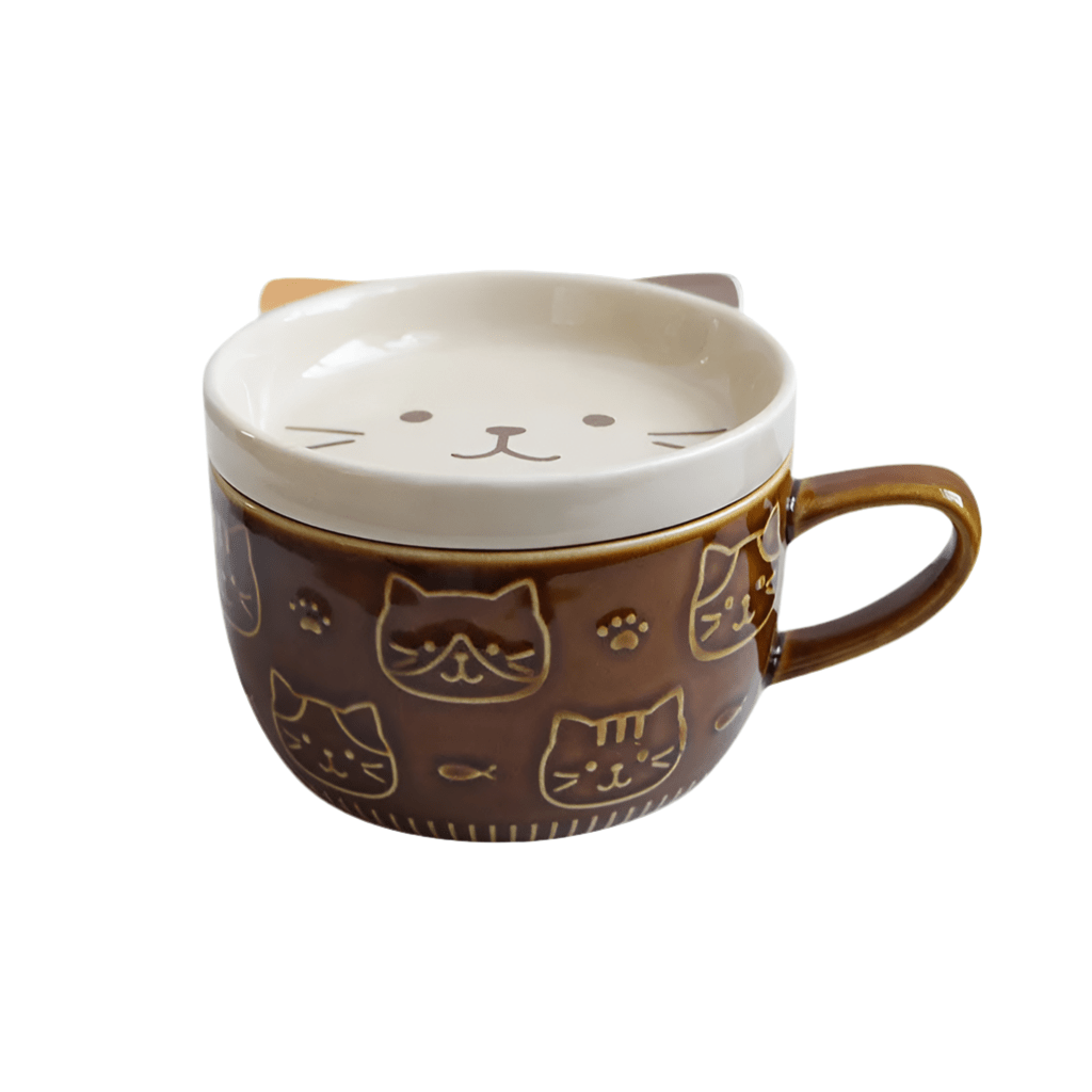 Cute Japanese Cartoon Cat Coffee Mug with Lid - Creative Breakfast Cup - Flameira