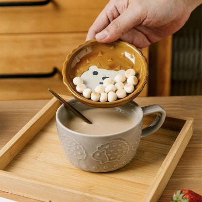 Cute Japanese Cartoon Cat Coffee Mug with Lid - Creative Breakfast Cup - Flameira