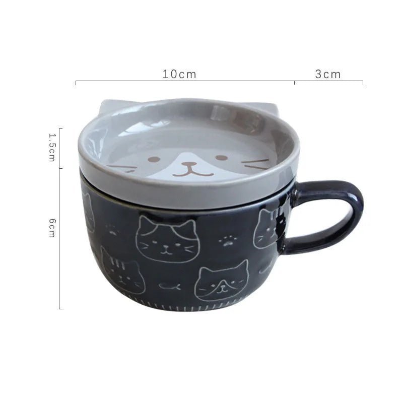 Cute Japanese Cartoon Cat Coffee Mug with Lid - Creative Breakfast Cup - Flameira