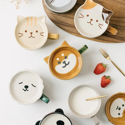 Cute Japanese Cartoon Cat Coffee Mug with Lid - Creative Breakfast Cup - Flameira