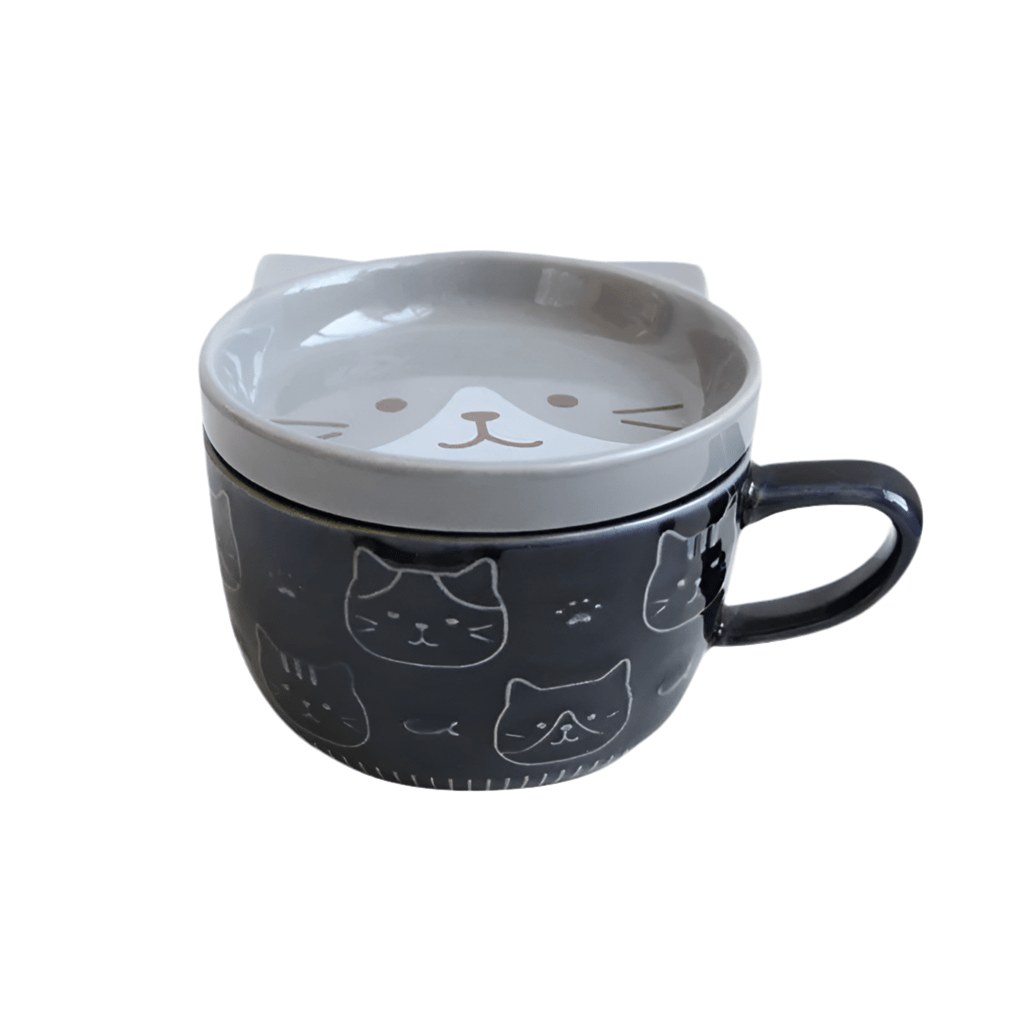 Cute Japanese Cartoon Cat Coffee Mug with Lid - Creative Breakfast Cup - Flameira