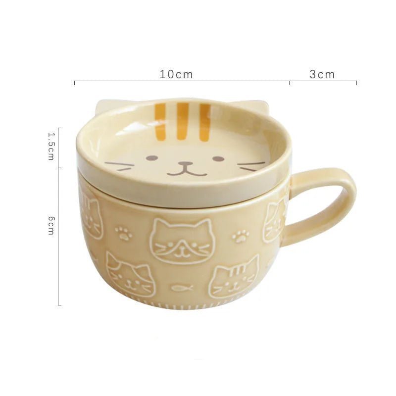 Cute Japanese Cartoon Cat Coffee Mug with Lid - Creative Breakfast Cup - Flameira