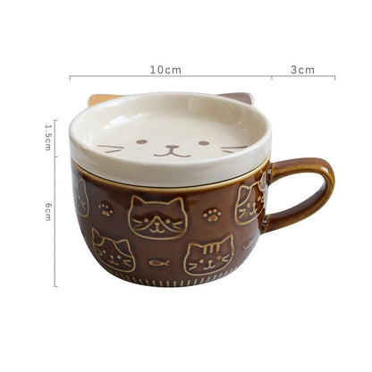 Cute Japanese Cartoon Cat Coffee Mug with Lid - Creative Breakfast Cup - Flameira