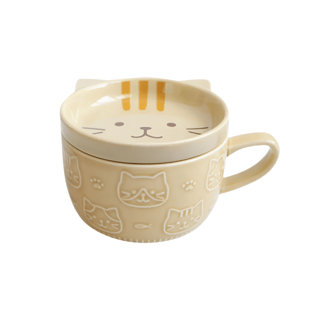 Cute Japanese Cartoon Cat Coffee Mug with Lid - Creative Breakfast Cup - Flameira