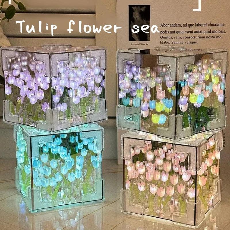 DIY Tulip Mirror Cube Lamp Simulation Flower Bedroom Sleeping Table Lamp Handmade Craft Tulips Mirror Night Light Birthday Gift - Flameira