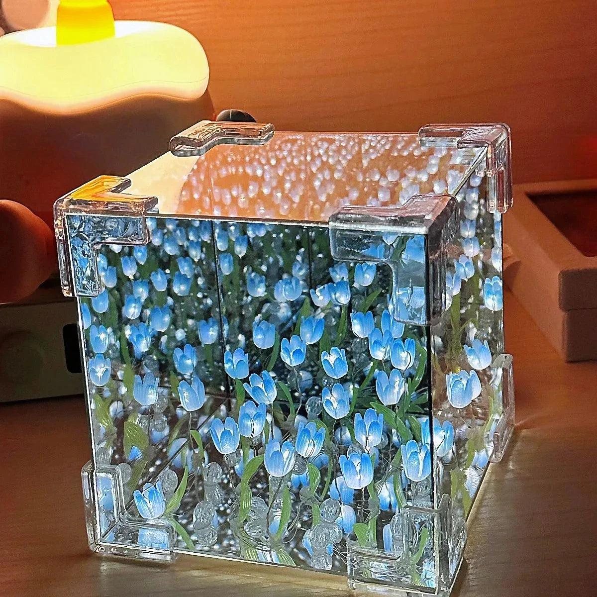 DIY Tulip Mirror Cube Lamp Simulation Flower Bedroom Sleeping Table Lamp Handmade Craft Tulips Mirror Night Light Birthday Gift - Flameira