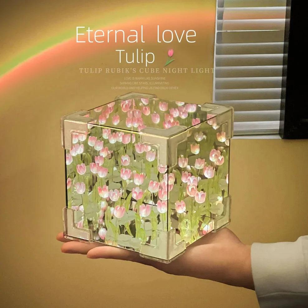 DIY Tulip Mirror Cube Lamp Simulation Flower Bedroom Sleeping Table Lamp Handmade Craft Tulips Mirror Night Light Birthday Gift - Flameira