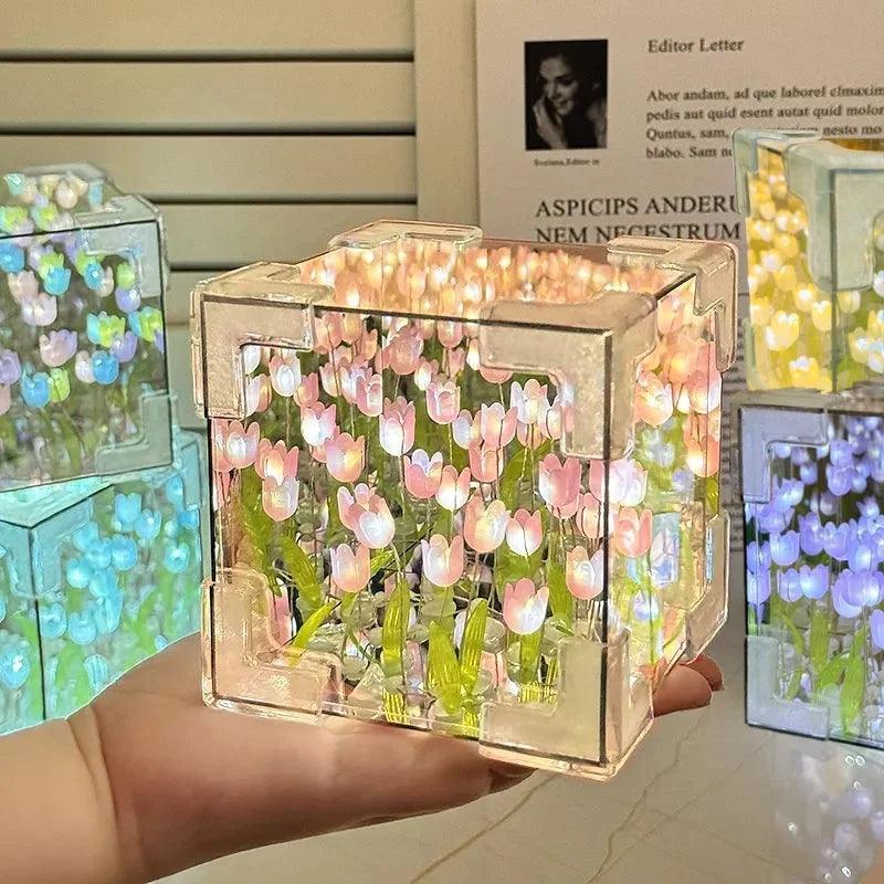 DIY Tulip Mirror Cube Lamp Simulation Flower Bedroom Sleeping Table Lamp Handmade Craft Tulips Mirror Night Light Birthday Gift - Flameira