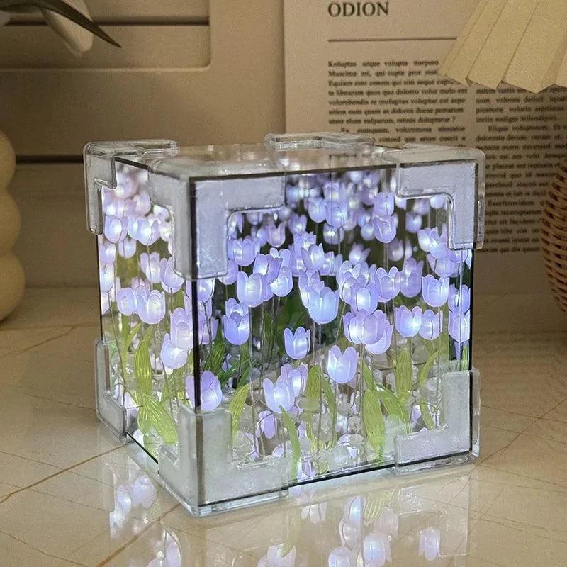 DIY Tulip Mirror Cube Lamp Simulation Flower Bedroom Sleeping Table Lamp Handmade Craft Tulips Mirror Night Light Birthday Gift - Flameira