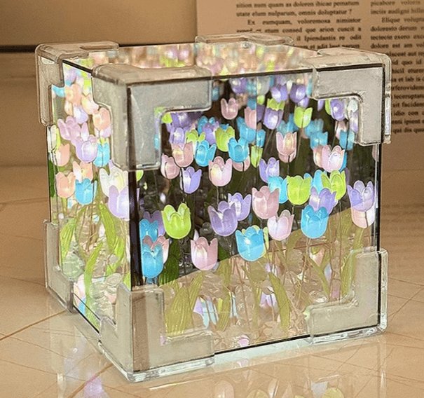 DIY Tulip Mirror Cube Lamp Simulation Flower Bedroom Sleeping Table Lamp Handmade Craft Tulips Mirror Night Light Birthday Gift - Flameira