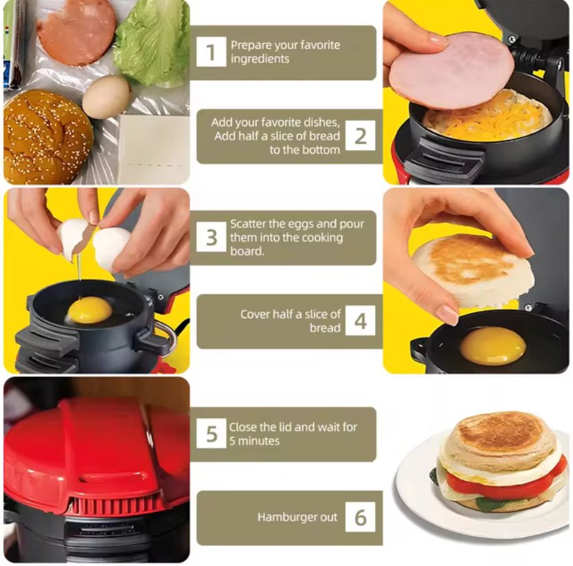 All-in-One Breakfast Machine: Hamburg Sandwich Maker with Egg Cooker & Bread Toaster - Flameira