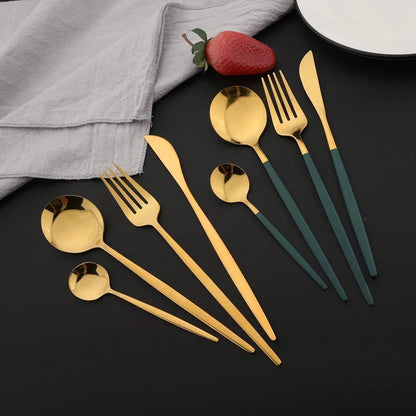 Elegant 16 - Piece Green & Gold Stainless Steel Cutlery Set | Premium Knife, Fork & Spoon Dinnerware - Flameira