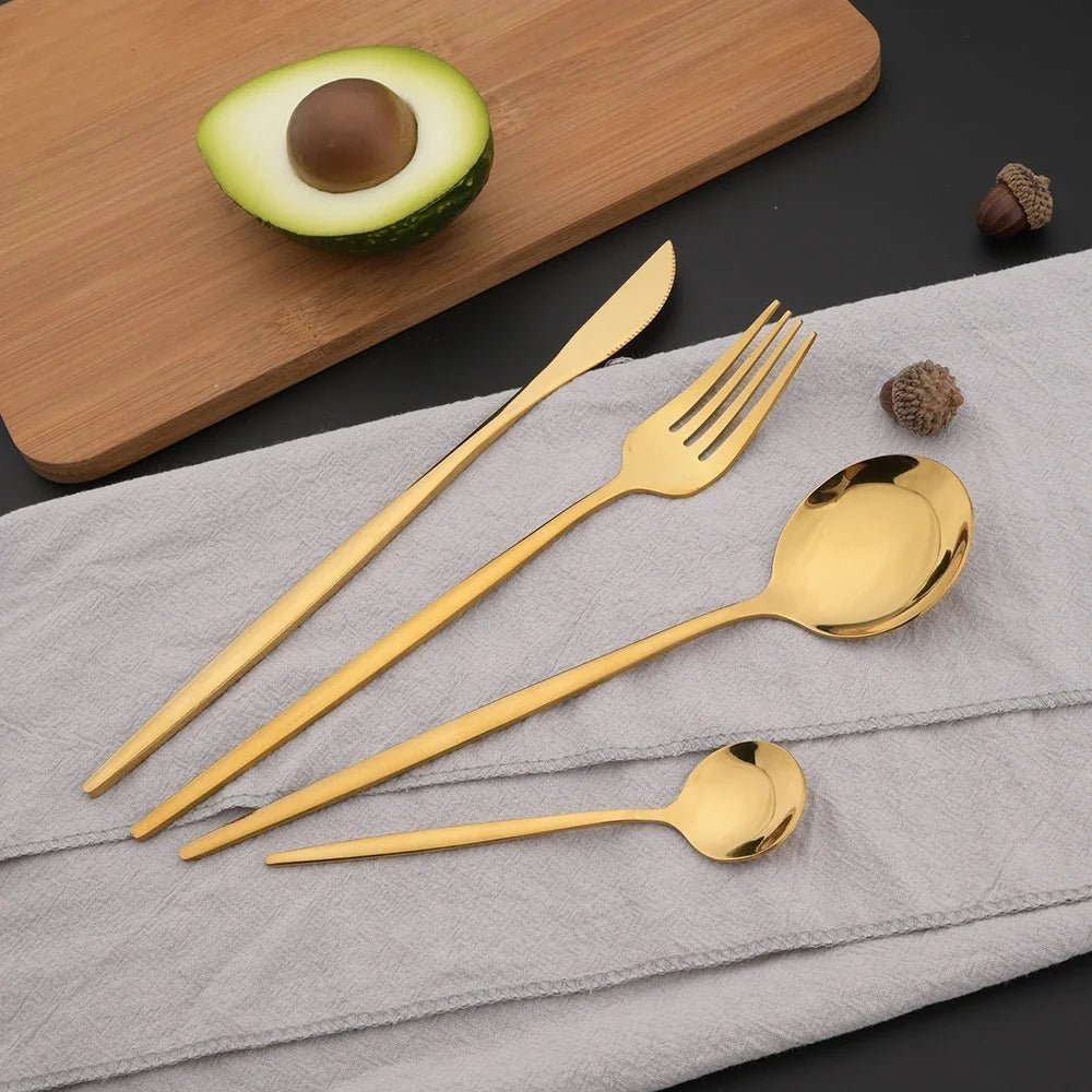 Elegant 16 - Piece Green & Gold Stainless Steel Cutlery Set | Premium Knife, Fork & Spoon Dinnerware - Flameira