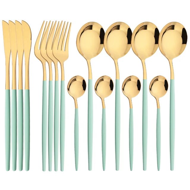 Elegant 16 - Piece Green & Gold Stainless Steel Cutlery Set | Premium Knife, Fork & Spoon Dinnerware - Flameira