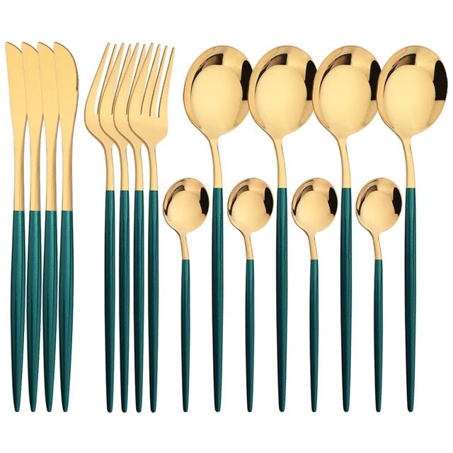 Elegant 16 - Piece Green & Gold Stainless Steel Cutlery Set | Premium Knife, Fork & Spoon Dinnerware - Flameira