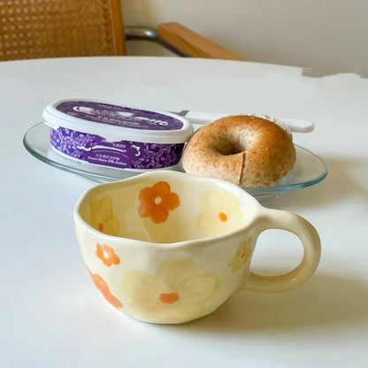 Hand Pinched Irregular Flower Ceramic Mugs – Korean Style Coffee, Milk, Tea Cup for Breakfast - Flameira