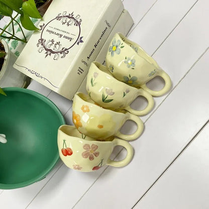 Hand Pinched Irregular Flower Ceramic Mugs – Korean Style Coffee, Milk, Tea Cup for Breakfast - Flameira