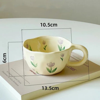 Hand Pinched Irregular Flower Ceramic Mugs – Korean Style Coffee, Milk, Tea Cup for Breakfast - Flameira