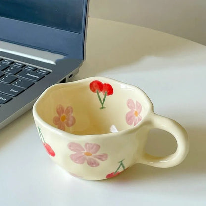 Hand Pinched Irregular Flower Ceramic Mugs – Korean Style Coffee, Milk, Tea Cup for Breakfast - Flameira