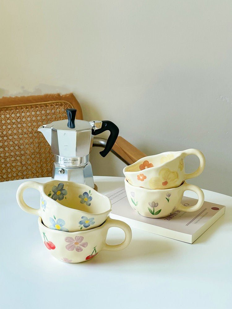 Hand Pinched Irregular Flower Ceramic Mugs – Korean Style Coffee, Milk, Tea Cup for Breakfast - Flameira