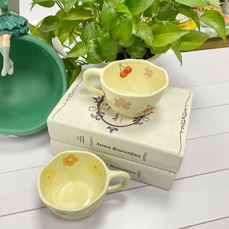 Hand Pinched Irregular Flower Ceramic Mugs – Korean Style Coffee, Milk, Tea Cup for Breakfast - Flameira