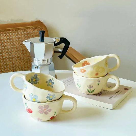 Hand Pinched Irregular Flower Ceramic Mugs – Korean Style Coffee, Milk, Tea Cup for Breakfast - Flameira