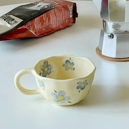 Hand Pinched Irregular Flower Ceramic Mugs – Korean Style Coffee, Milk, Tea Cup for Breakfast - Flameira