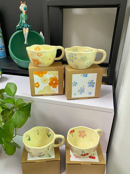 Hand Pinched Irregular Flower Ceramic Mugs – Korean Style Coffee, Milk, Tea Cup for Breakfast - Flameira