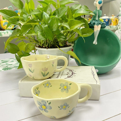 Hand Pinched Irregular Flower Ceramic Mugs – Korean Style Coffee, Milk, Tea Cup for Breakfast - Flameira