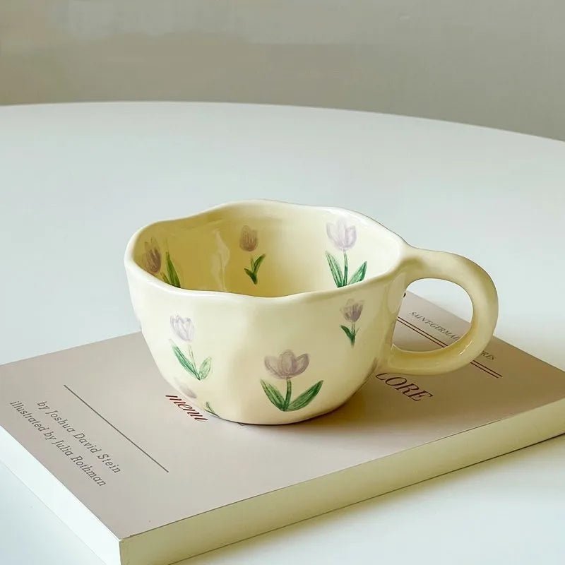 Hand Pinched Irregular Flower Ceramic Mugs – Korean Style Coffee, Milk, Tea Cup for Breakfast - Flameira