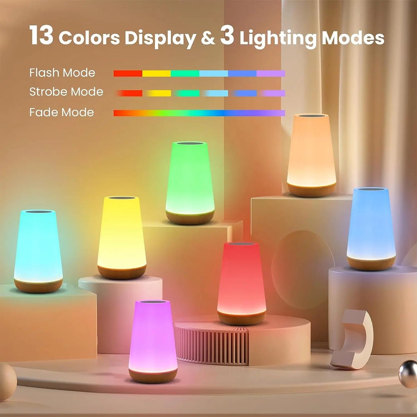 Table Lamp Bedside Lamp - 13 Color Changing Touch Night Light | RGB, Dimmable & USB Rechargeable - Flameira